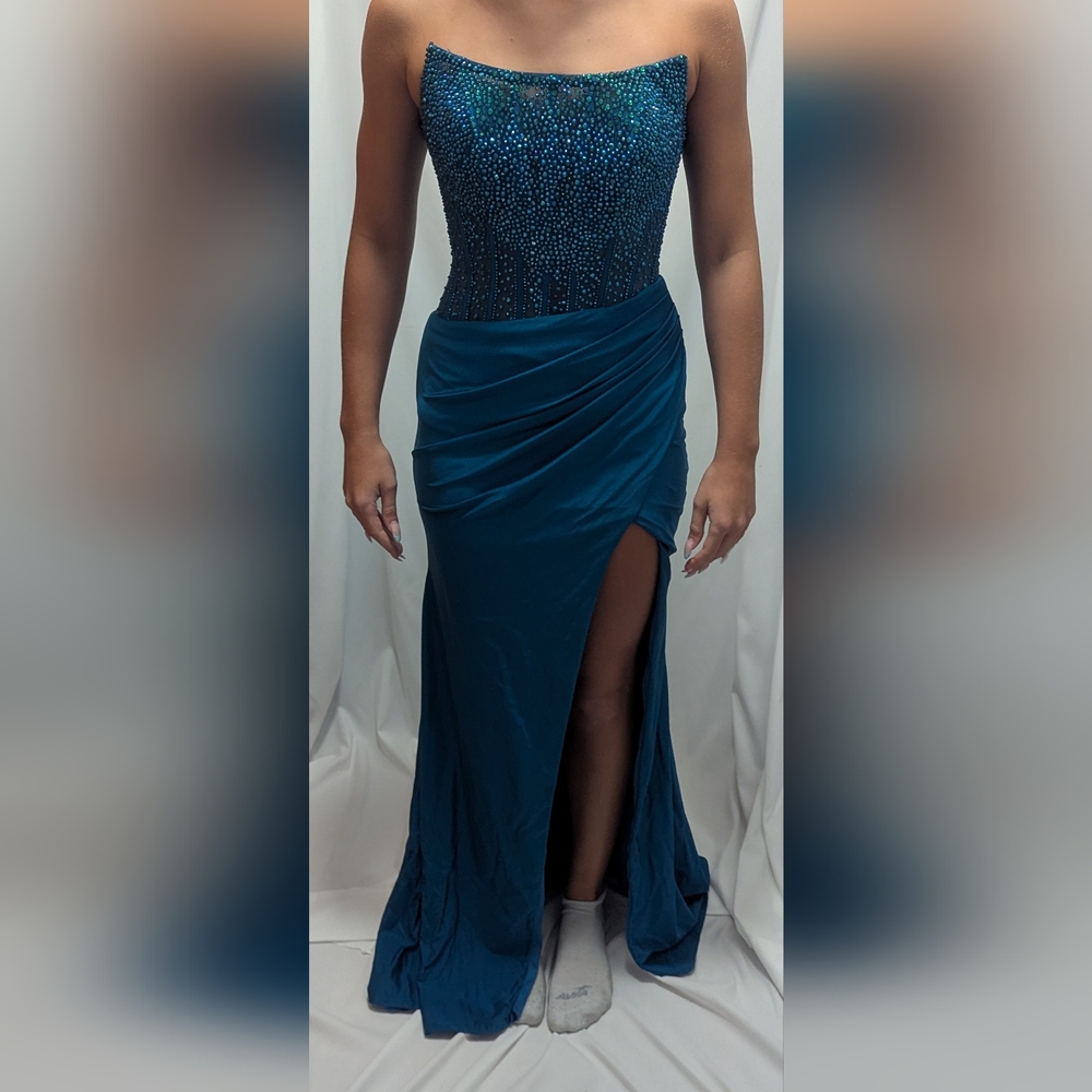 Strapless Teal Rhinestoned Prom Gown with Side Slit